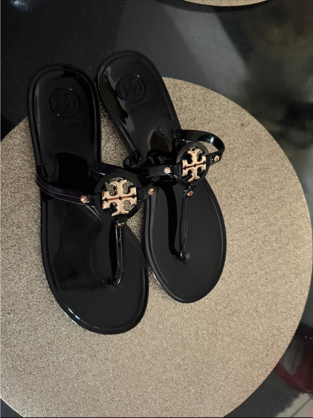 Tory Burch Black Patent Jelly Thong Sandals with Gold Logo